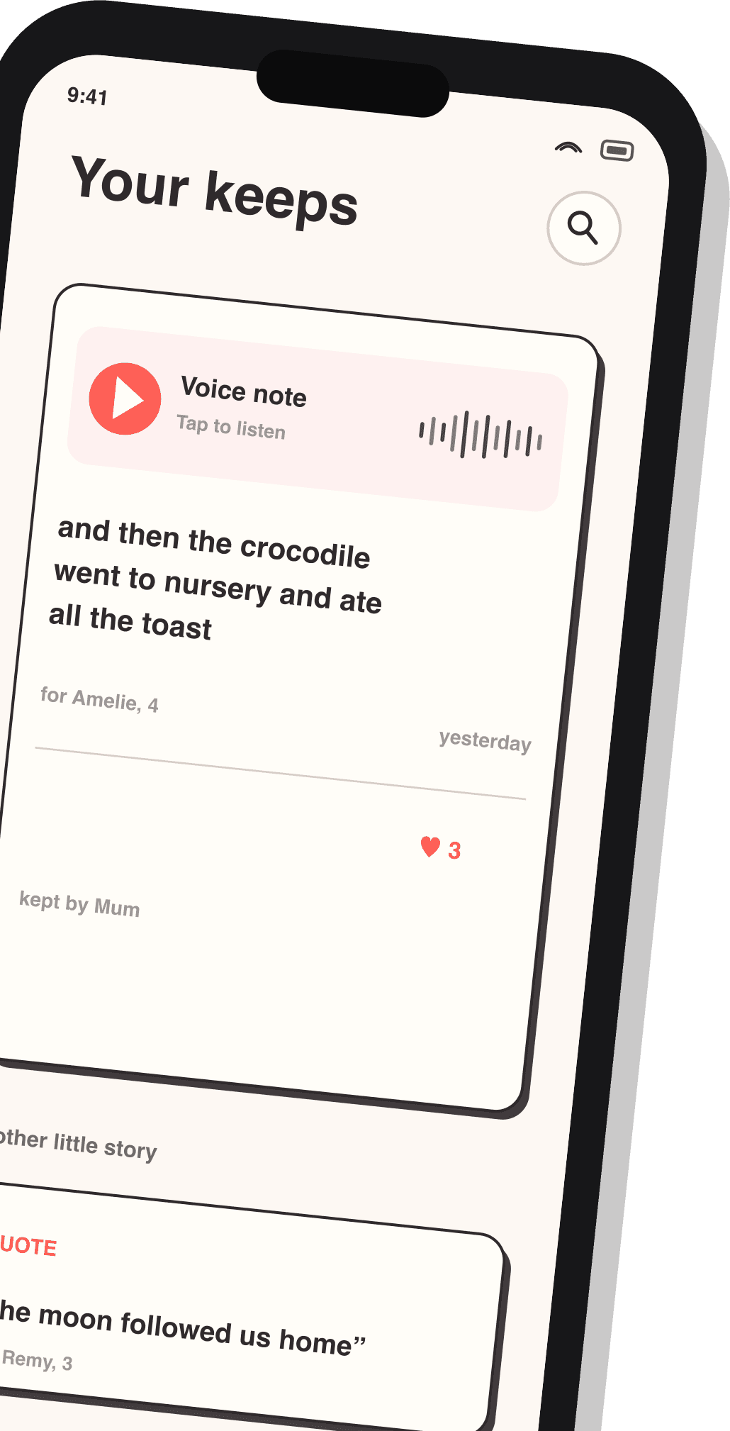 A saved keeps voice note and its transcript