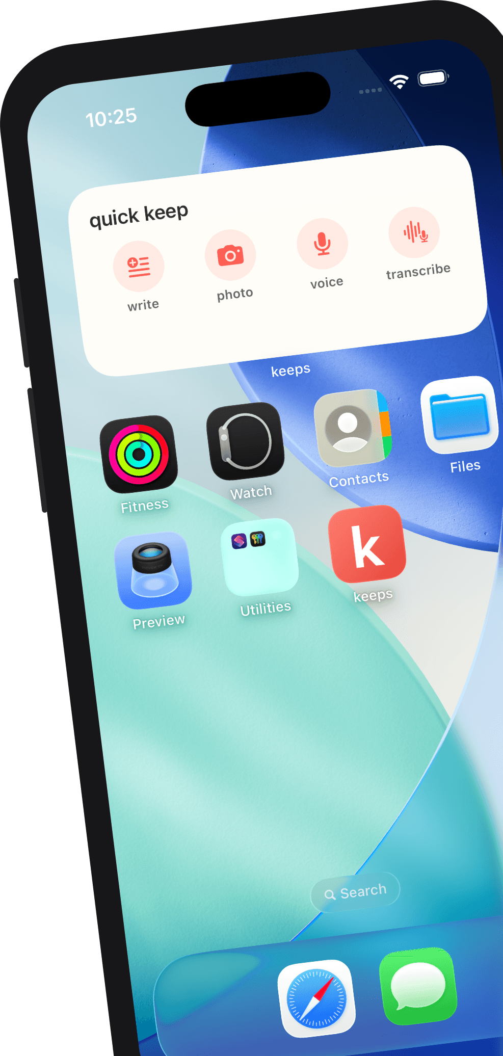 The keeps Quick Capture iPhone widget for writing, photos, voice and transcription