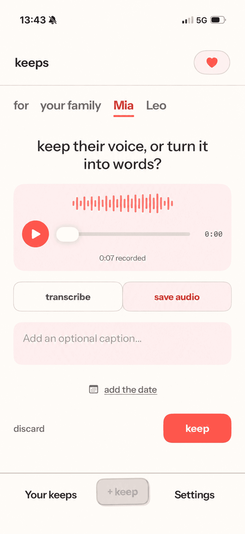 Keeps on iPhone: save audio, optional caption and date