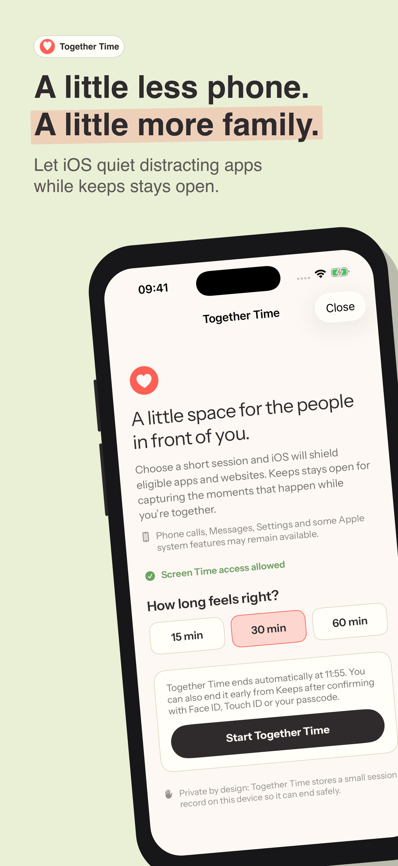 Together Time. A little less phone. A little more family. Choose 15, 30 or 60 minutes. iOS quiets the eligible apps and websites you select, while keeps stays open for capturing moments.