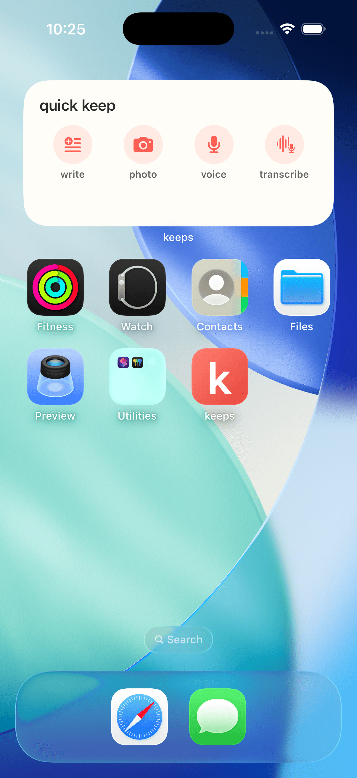 The keeps Quick Capture widget on an iPhone Home Screen, with buttons for write, photo, voice and transcribe